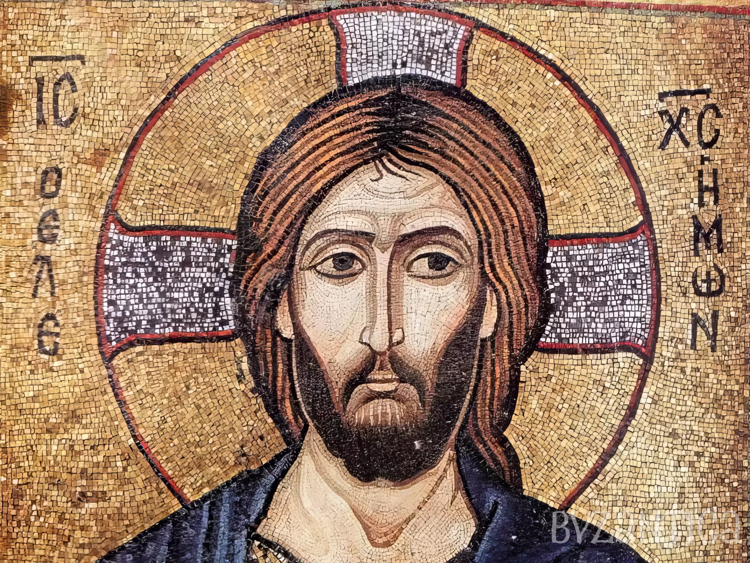 Close-up detail of Christ's face from the Christ Pantocrator mosaic in Berlin showing intricate tesserae