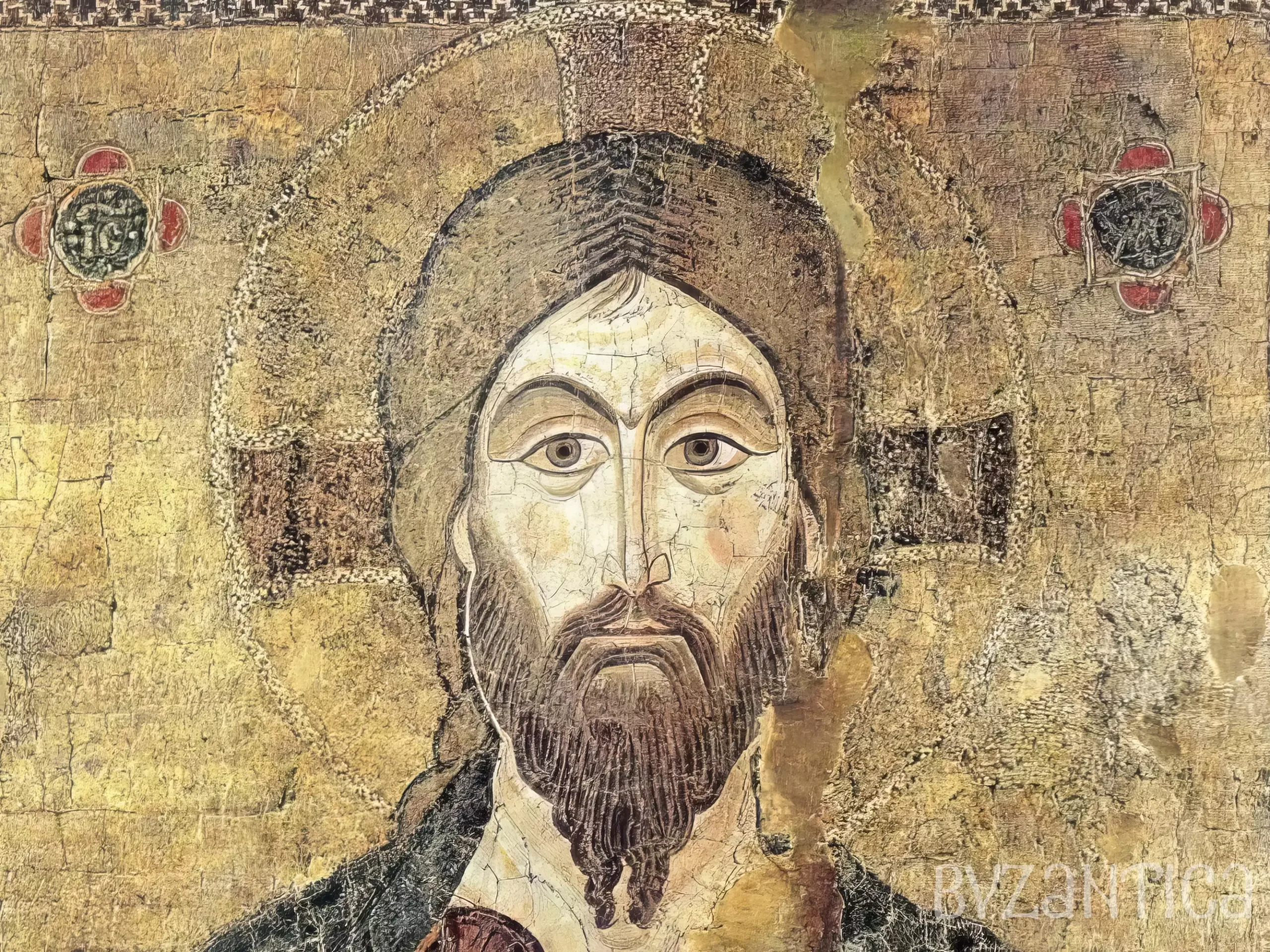 Piercing eyes and sacred geometry define this Christ Pantocrator in Bargello mosaic icon detail