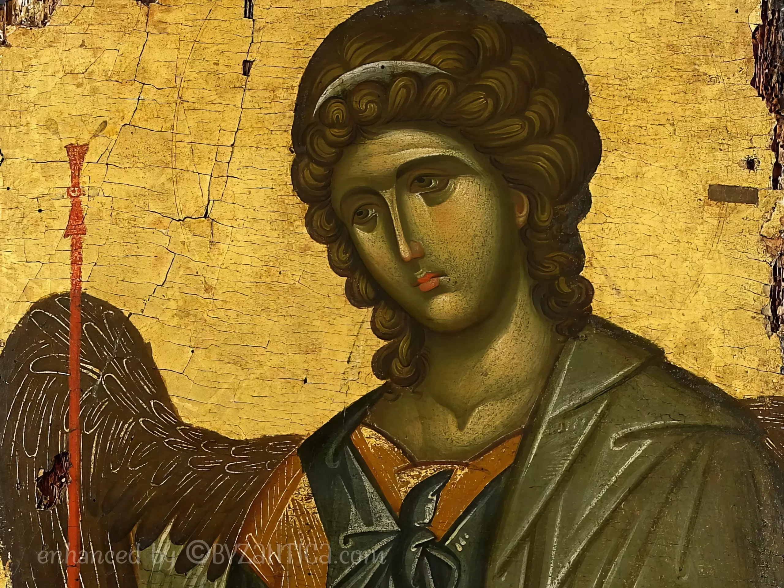 Archangel Gabriel face detail from 14th century Byzantine icon showing ethereal expression