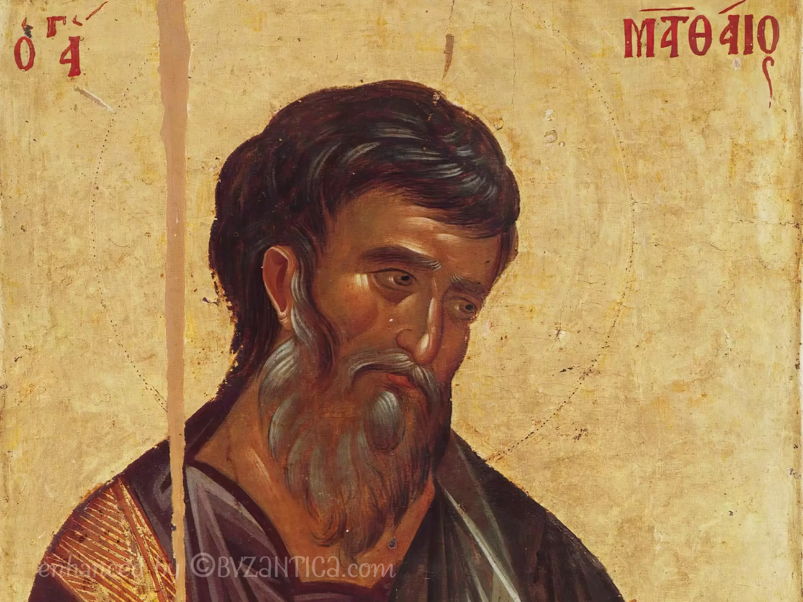 Saint Matthew in Hilandar facial detail portrayal in 13th century byzantine icon artwork