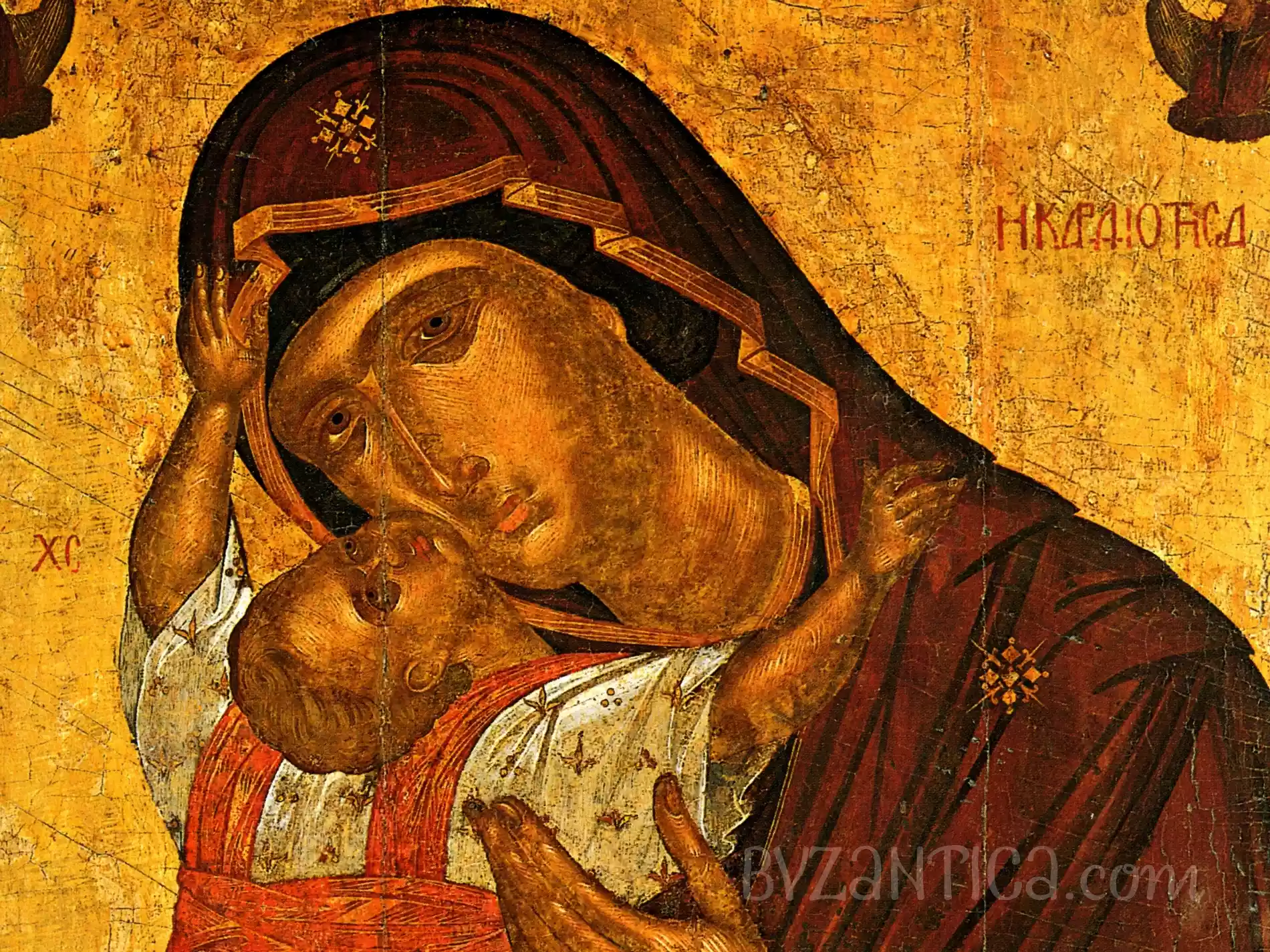 Detail of faces from Kardiotisa by Akotantos byzantine icon showing intimate mother-child embrace