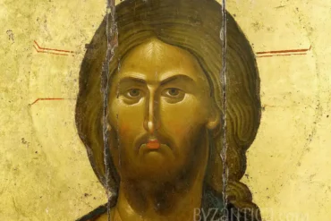 Close-up detail of Christ Pantocrator at Vatopediou showing masterful Byzantine technique in rendering divine features