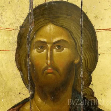 Close-up detail of Christ Pantocrator at Vatopediou showing masterful Byzantine technique in rendering divine features