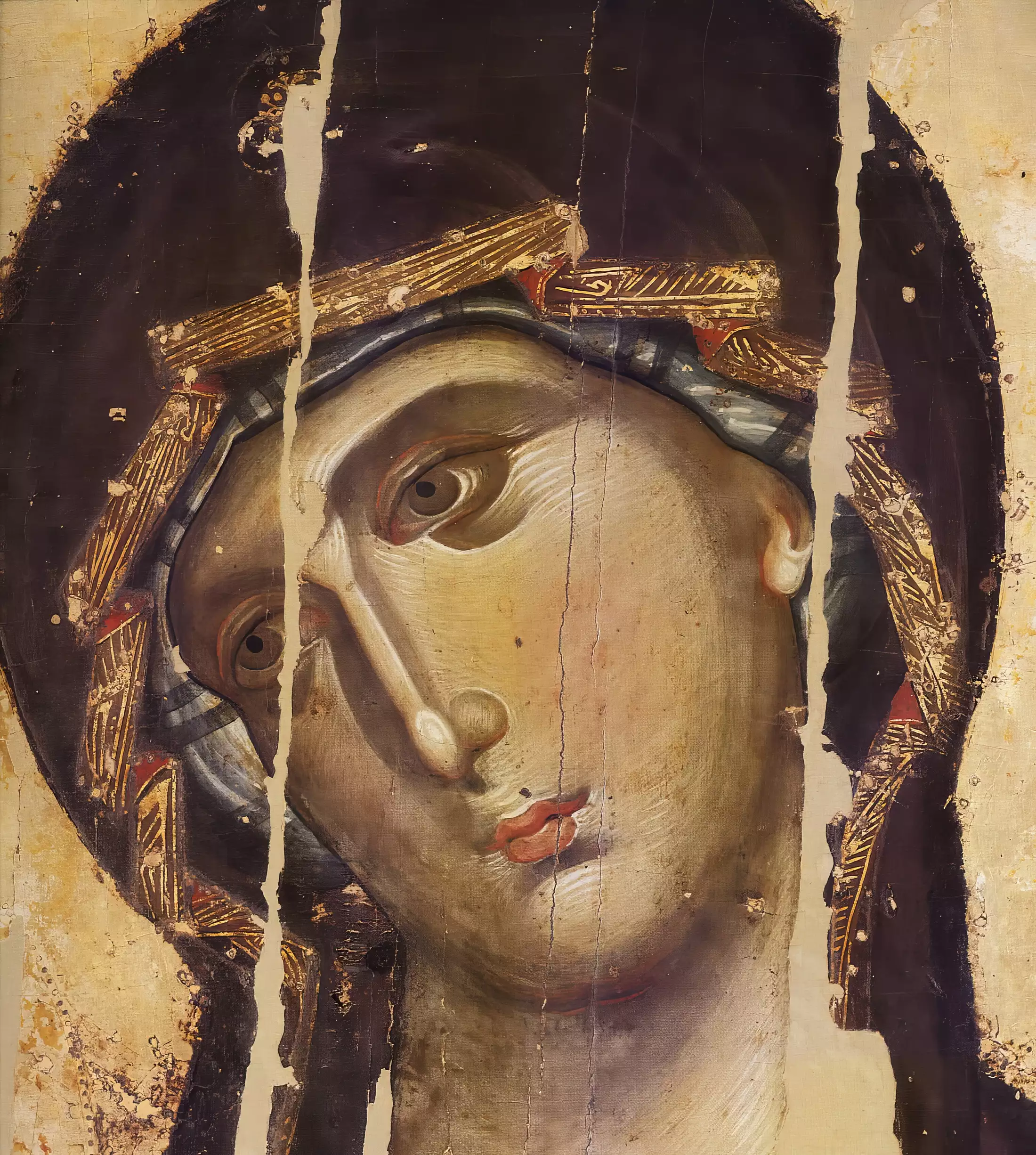 Close-up detail of the Virgin's face from the 13th century Hilandar Hodegetria Byzantine icon showing masterful technique