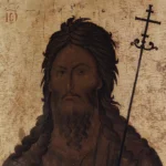 Close-up detail of Saint John the Baptist's face from 14th century Hilandar Byzantine icon