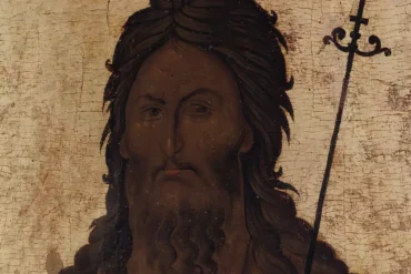 Close-up detail of Saint John the Baptist's face from 14th century Hilandar Byzantine icon