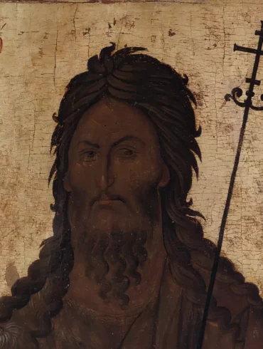 Close-up detail of Saint John the Baptist's face from 14th century Hilandar Byzantine icon