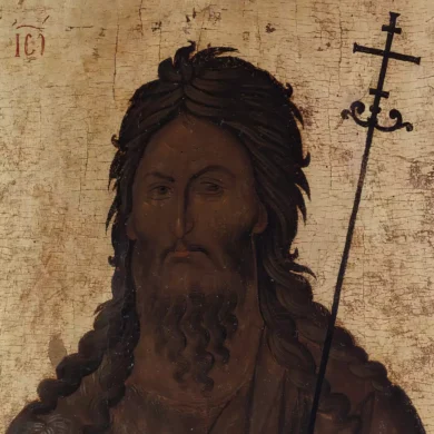 Close-up detail of Saint John the Baptist's face from 14th century Hilandar Byzantine icon