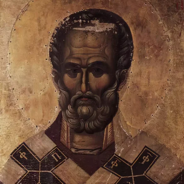 Hilandar Saint Nicholas Byzantine icon close view of saint's face with intense gaze and beard, UHD quality