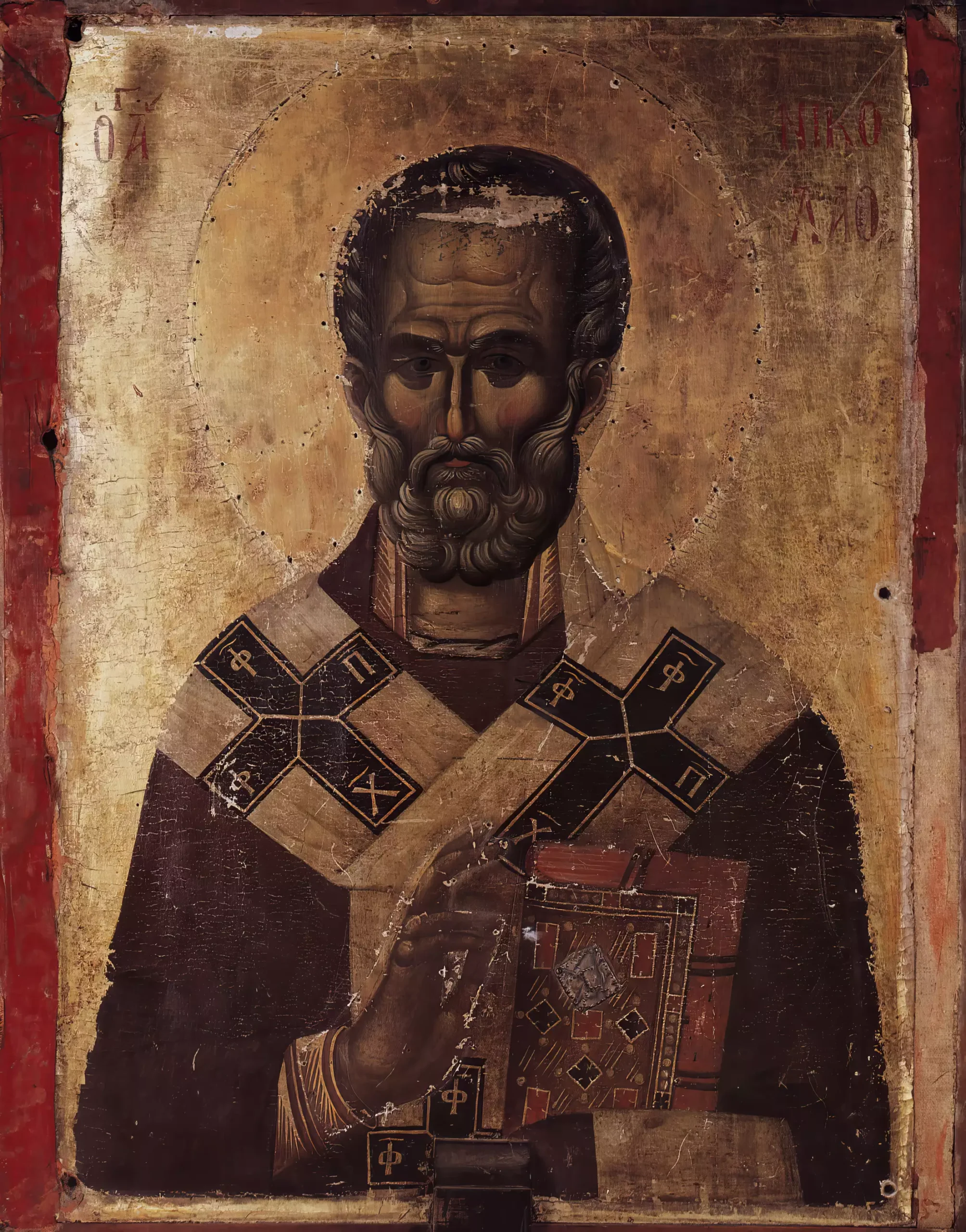 Hilandar Saint Nicholas Byzantine icon from Mount Athos showing the saint in traditional portraiture, UHD resolution