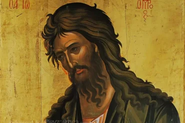 John Baptist Deisis in Dionysiou detail showing intense facial expression and contemplative gaze of the Byzantine icon