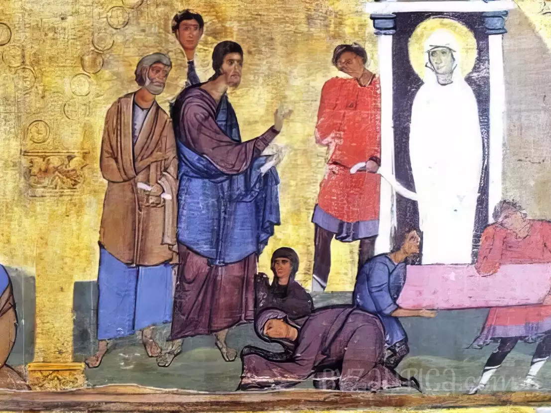 Lazarus resurrection detail from Dodekaorton epistyle showing divine intervention