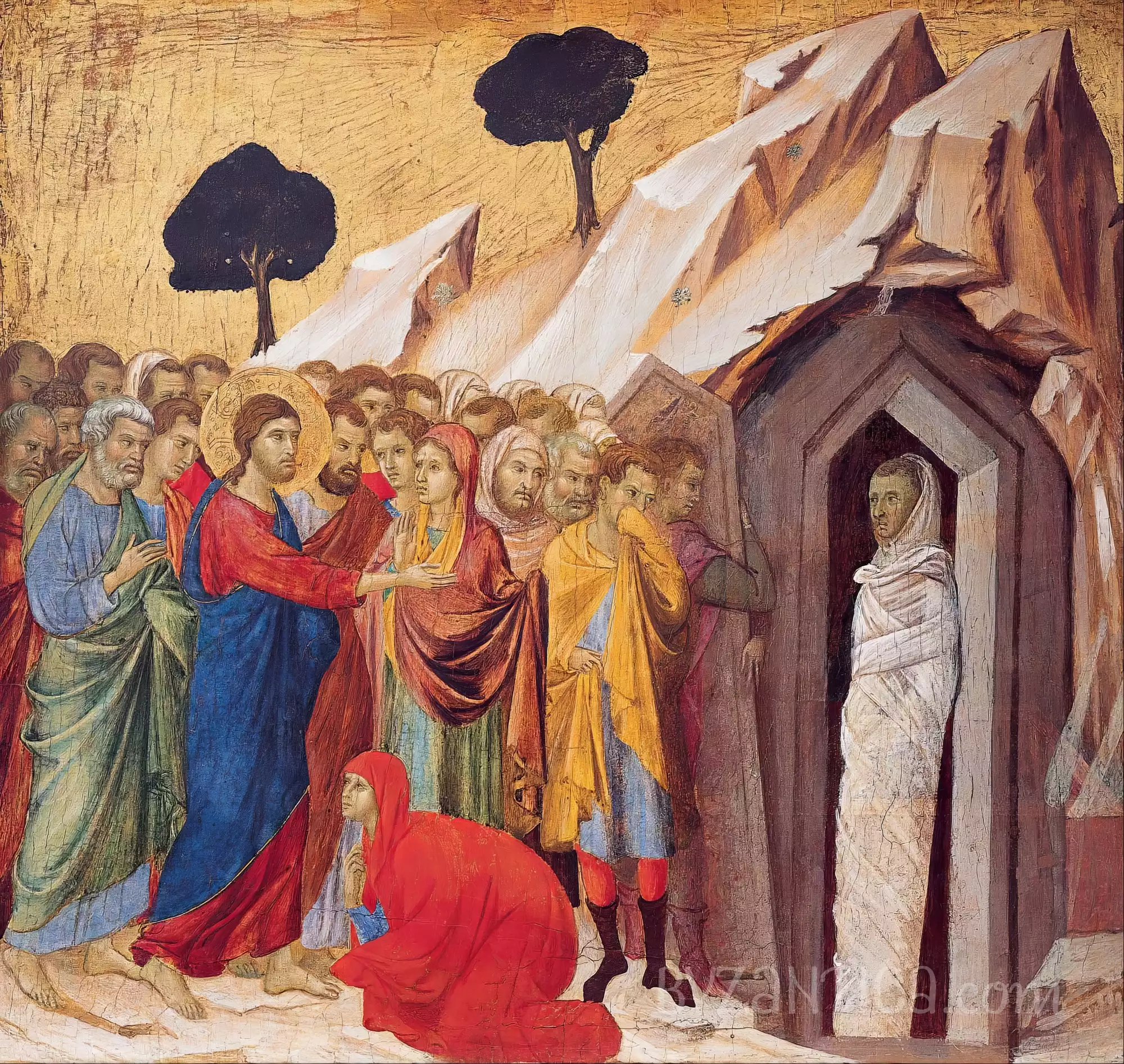 Lazarus Raising by Duccio full view in Ultra High Resolution showing the complete miracle scene composition