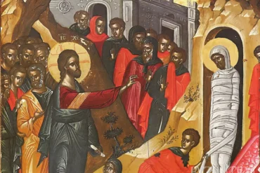 Lazarus Resurrection by Theophanes detail showing Christ commanding Lazarus to rise from tomb, UHD Byzantine icon