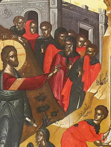 Lazarus Resurrection by Theophanes detail showing Christ commanding Lazarus to rise from tomb, UHD Byzantine icon