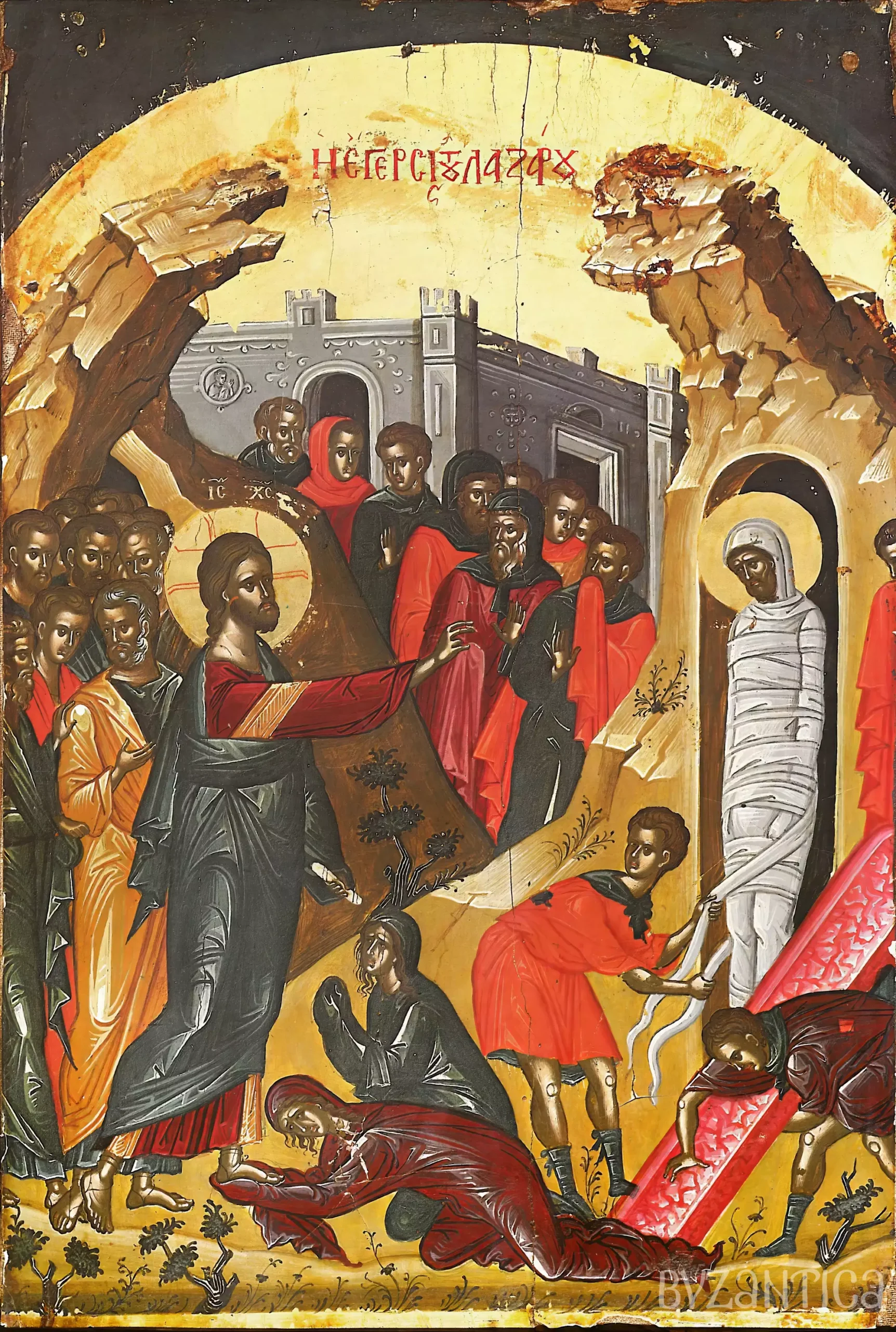 Lazarus Resurrection by Theophanes full composition in Stavronikita Monastery Mount Athos, UHD Byzantine icon