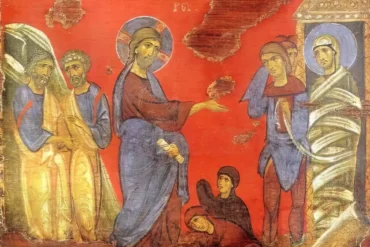 Lazarus Rising in Byzantine Museum detail showing Christ's commanding gesture and the wrapped figure of Lazarus