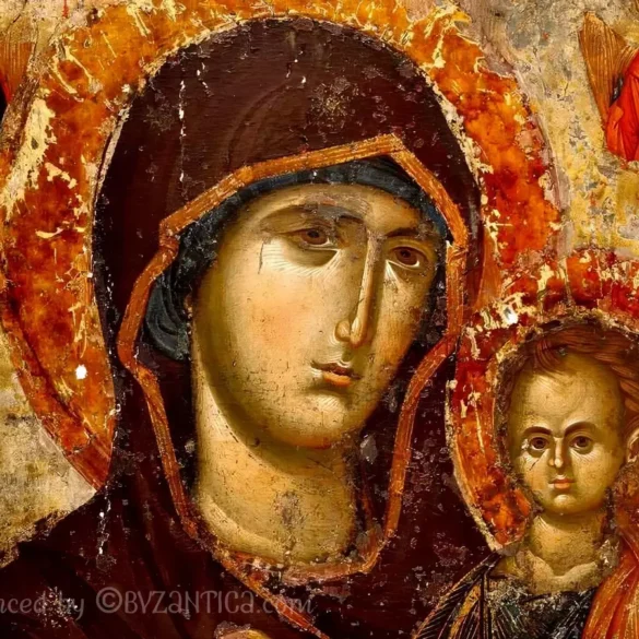 Lidianca Madonna from Neamt face detail showing masterful technique in Byzantine icon painting from Neamt Monastery