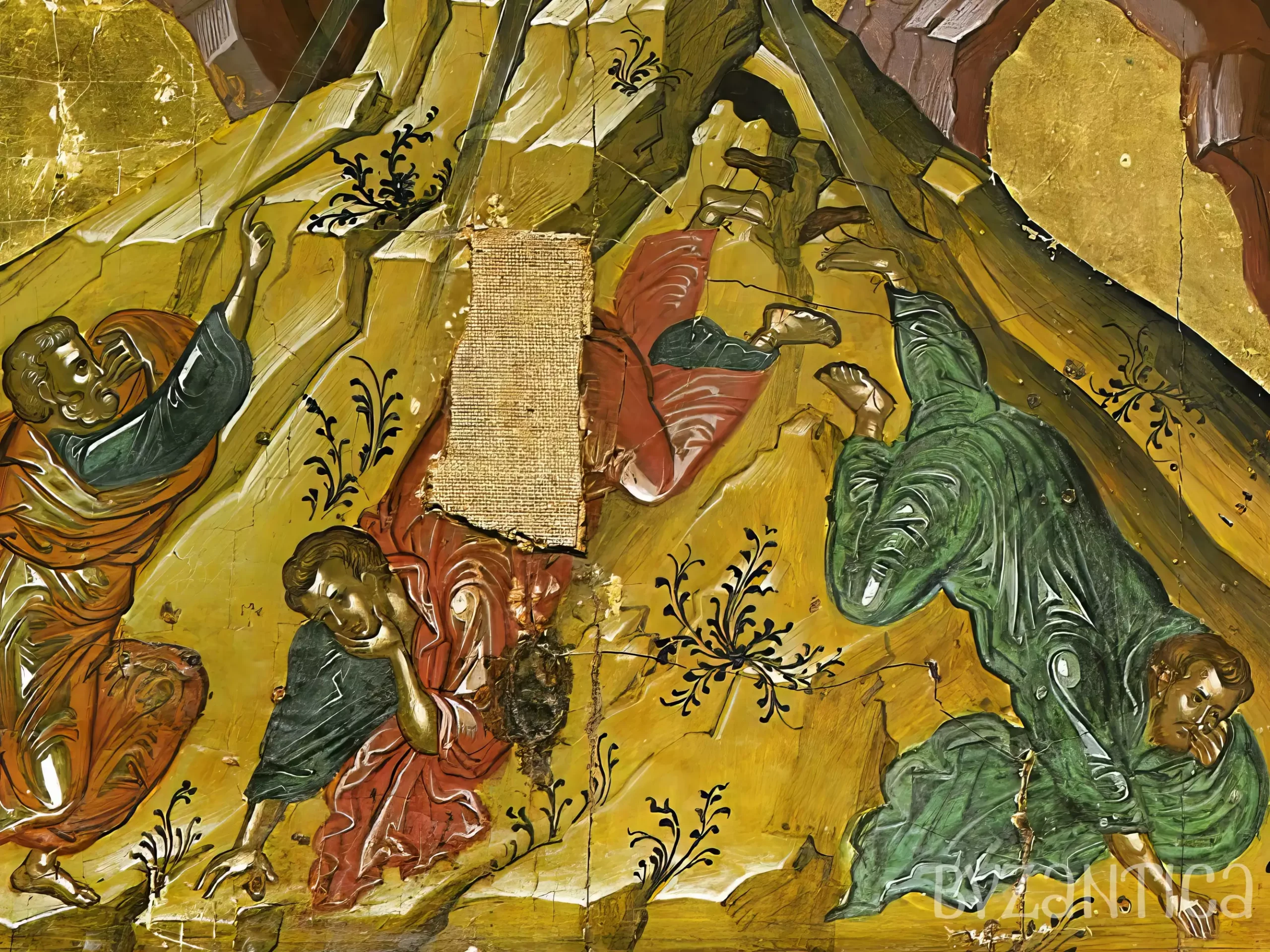 Detail of disciples from The Transfiguration Icon by Theophanes the Cretan, showing fallen figures on Mount Tabor