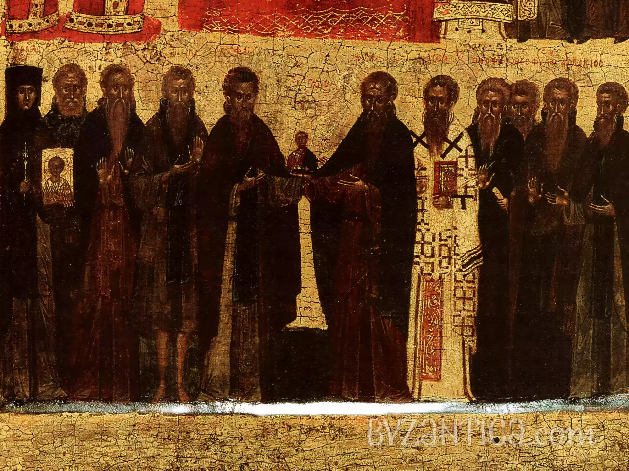 Lower register detail from Triumph of Orthodoxy icon showing Byzantine monks in dark robes