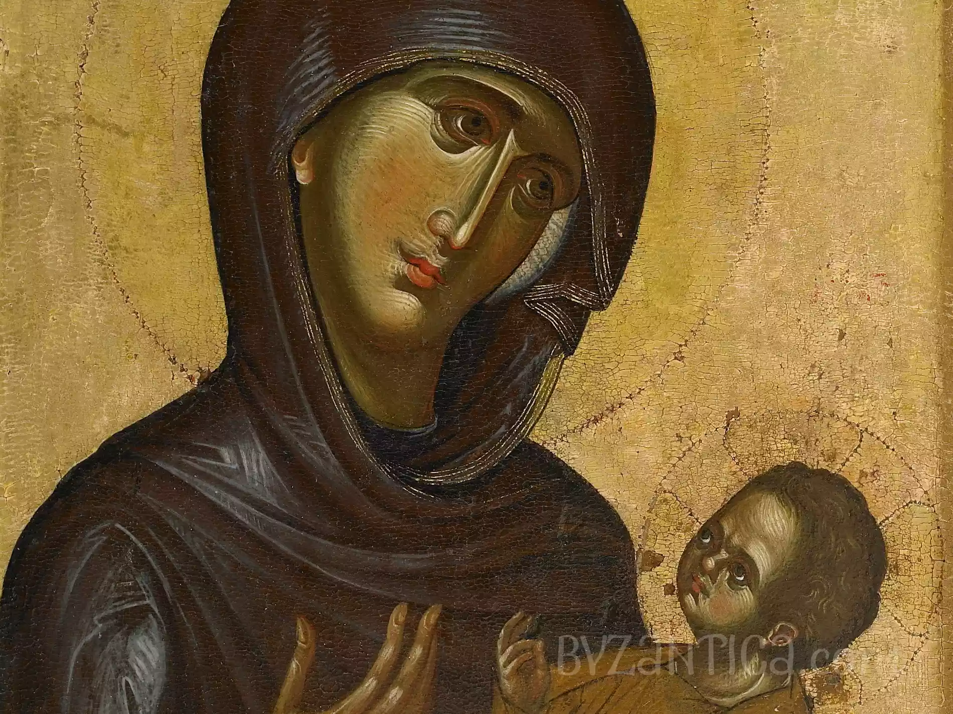 Detailed face of Mary Aristerokratousa at Vatopedi, Byzantine icon showing olive-tinted holy visage