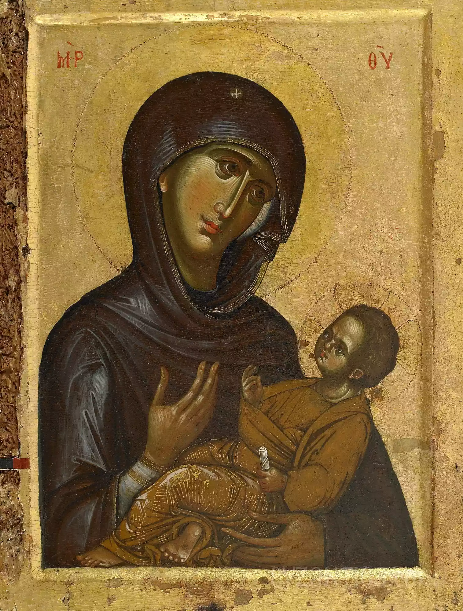 Mary Aristerokratousa at Vatopedi full view Ultra High Resolution showing mother and child against gold background