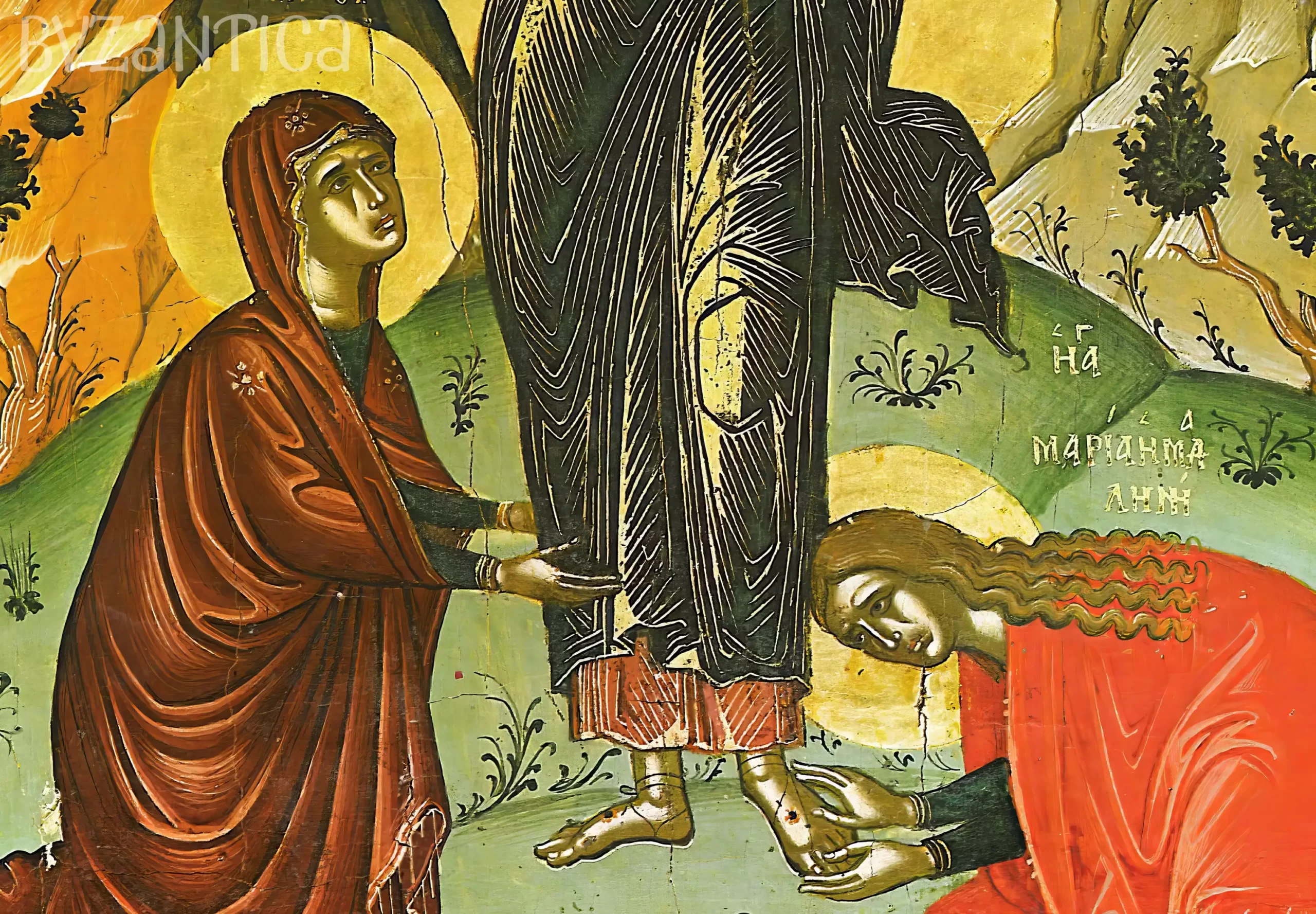 Detail of Mary Magdalene figures from Noli Me Tangere Byzantine icon by Theophanes at Stavronikita