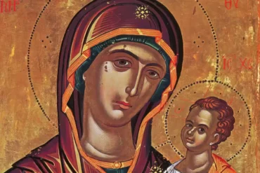 Mary and Jesus by Theophanes, showing the Virgin's face detail from the Byzantine icon at Stavronikita Monastery