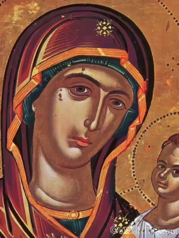 Mary and Jesus by Theophanes, showing the Virgin's face detail from the Byzantine icon at Stavronikita Monastery