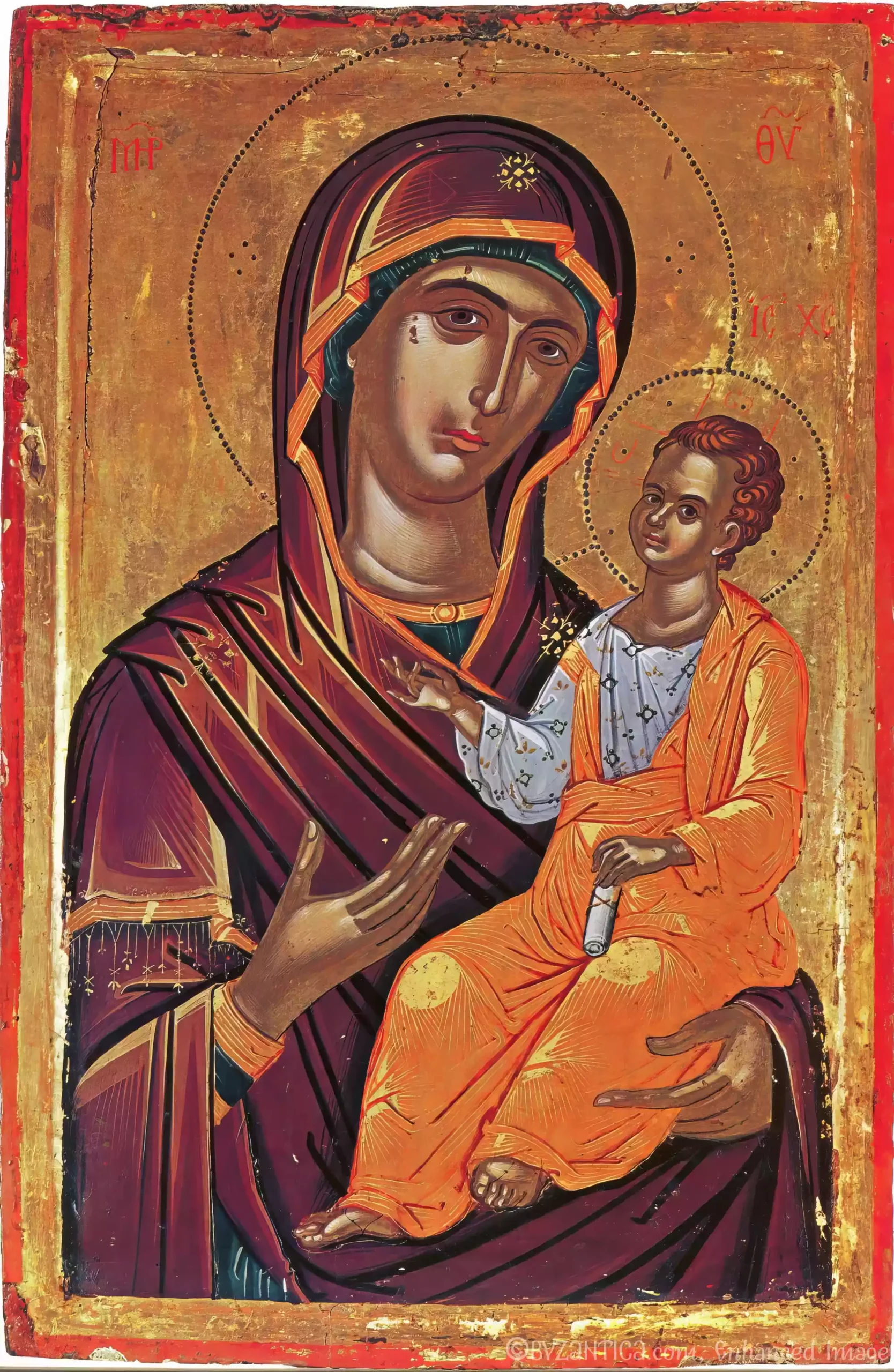 Mary and Jesus by Theophanes Byzantine icon from Stavronikita Monastery, full view in Ultra High Resolution