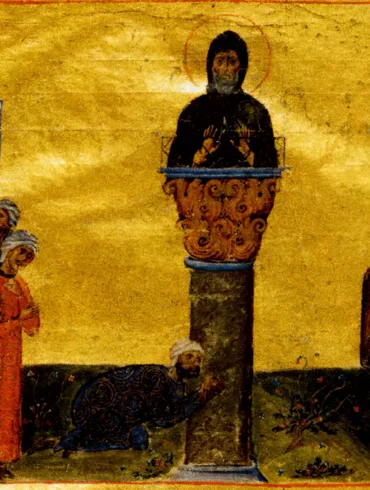 Menologion Vatican illustration detail showing Saint Stylites atop column against golden background