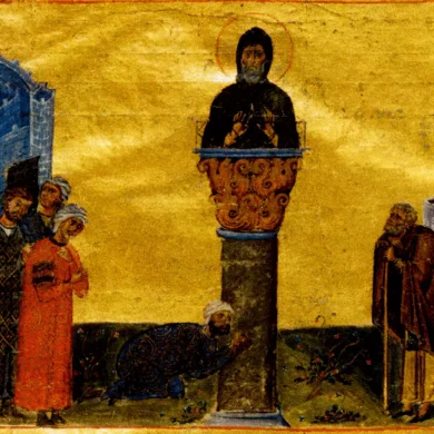 Menologion Vatican illustration detail showing Saint Stylites atop column against golden background