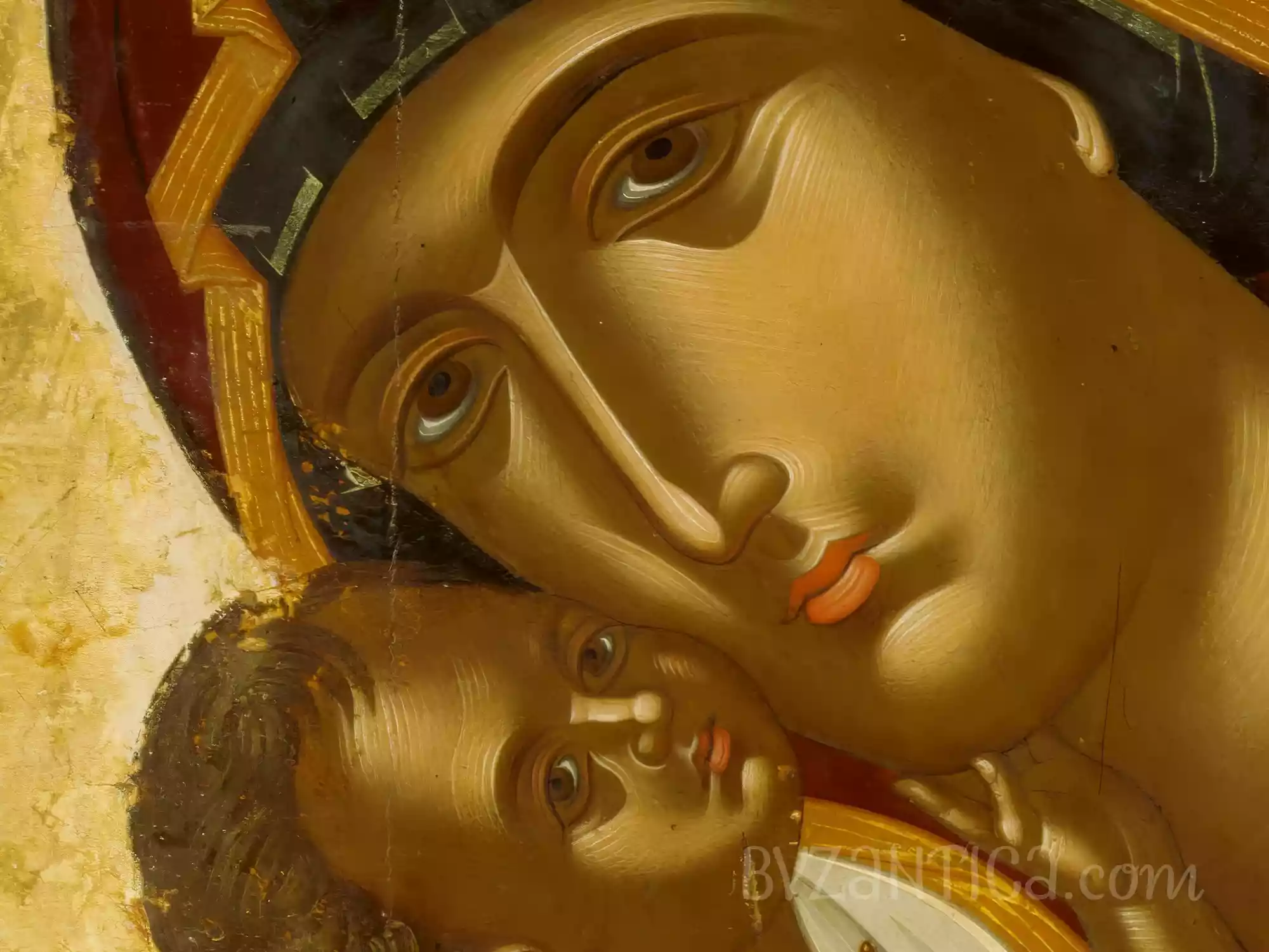 Intimate close-up of Virgin and Child faces from Glykophilousa by Lambardos, icon masterwork