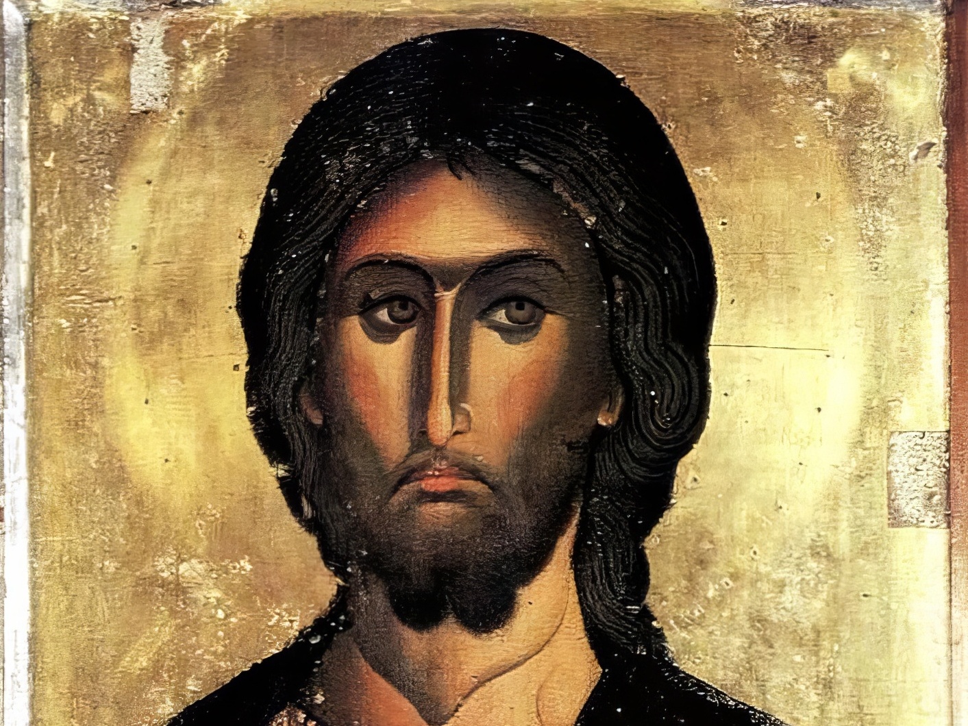 Mesmerizing face detail of Pantocrator icon in Lefkosia showing Christ's penetrating gaze in Byzantine icon