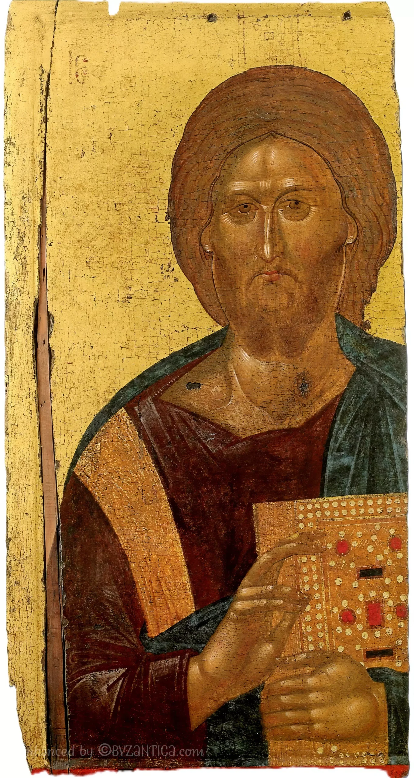 Pantocrator icon of Vatopedi: Full view Ultra High Resolution image showing Christ holding gospel book against gold ground