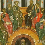 Pentecost in Stavronikita by Theophanes detail showing the apostles arranged in semi-circular composition