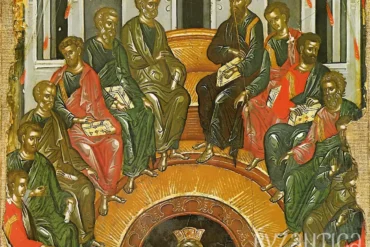 Pentecost in Stavronikita by Theophanes detail showing the apostles arranged in semi-circular composition