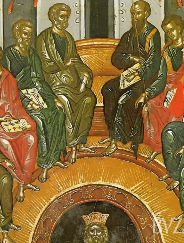 Pentecost in Stavronikita by Theophanes detail showing the apostles arranged in semi-circular composition