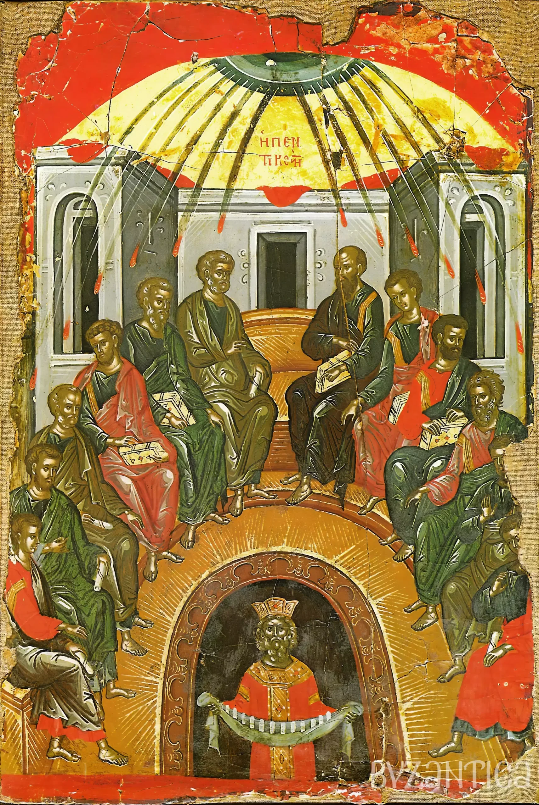 Pentecost in Stavronikita by Theophanes full view Ultra High Resolution iconic representation of divine descent