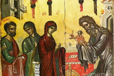 Three figures detail from the Presentation Icon by Theophanes the Cretan in UHD, showing precise post-Byzantine technique