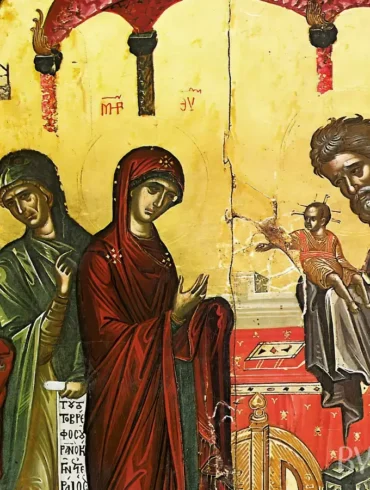 Three figures detail from the Presentation Icon by Theophanes the Cretan in UHD, showing precise post-Byzantine technique