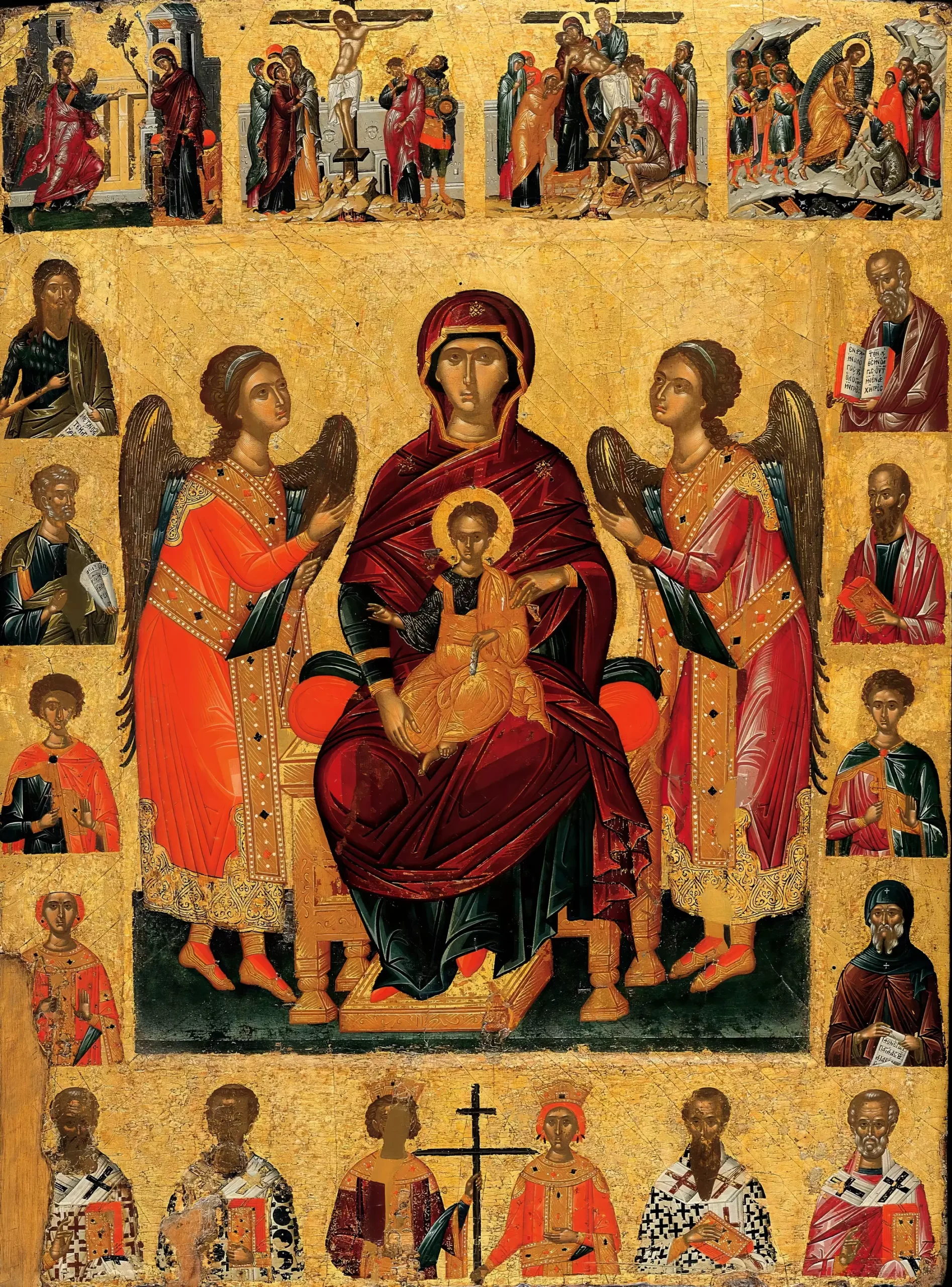 Complete UHD view of Ritzos's Enthroned Virgin icon with surrounding saints and narrative scenes