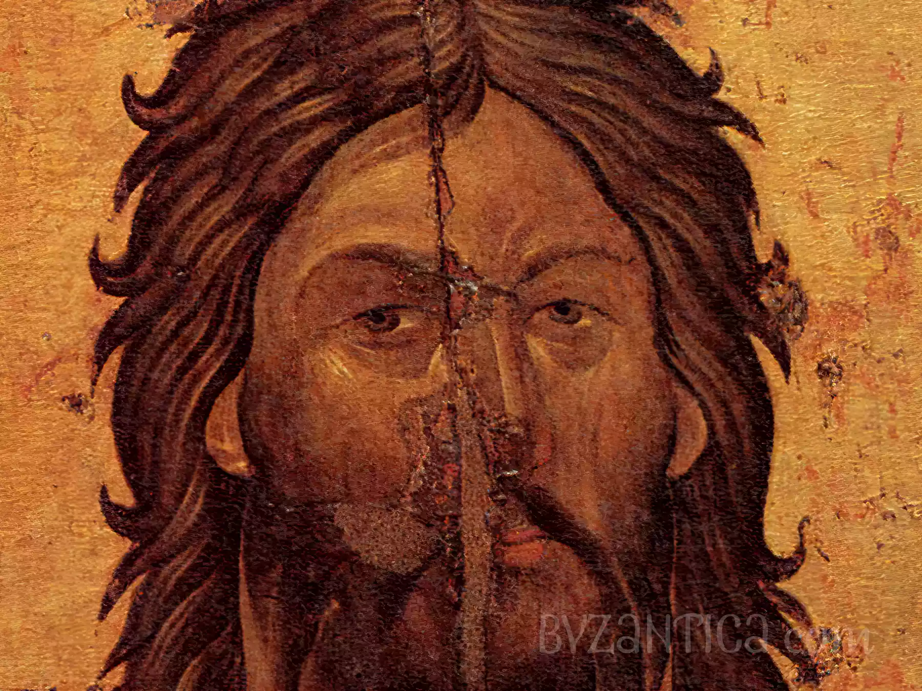 Close-up detail revealing John the Forerunner in Kerkyra icon's masterful Byzantine technique