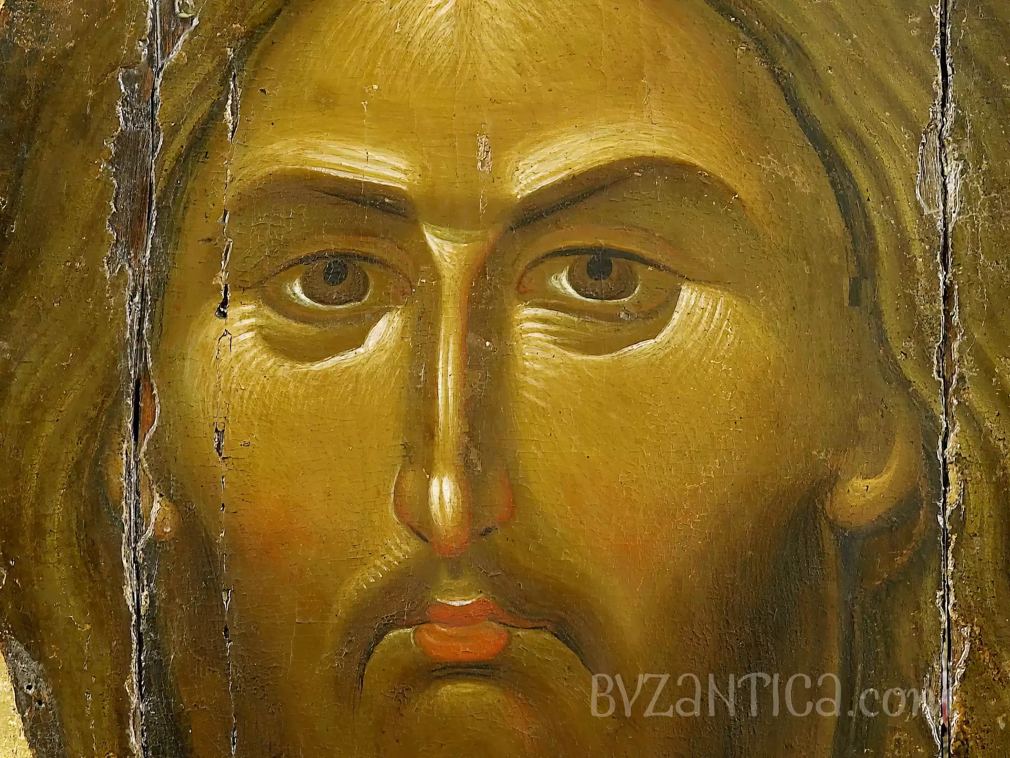 Close-up detail of Christ Pantocrator at Vatopediou byzantine icon revealing divine expression