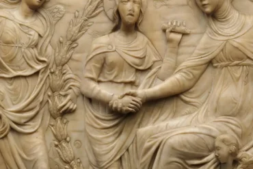 Saint Bridget Vision marble relief showing divine encounter with Christ