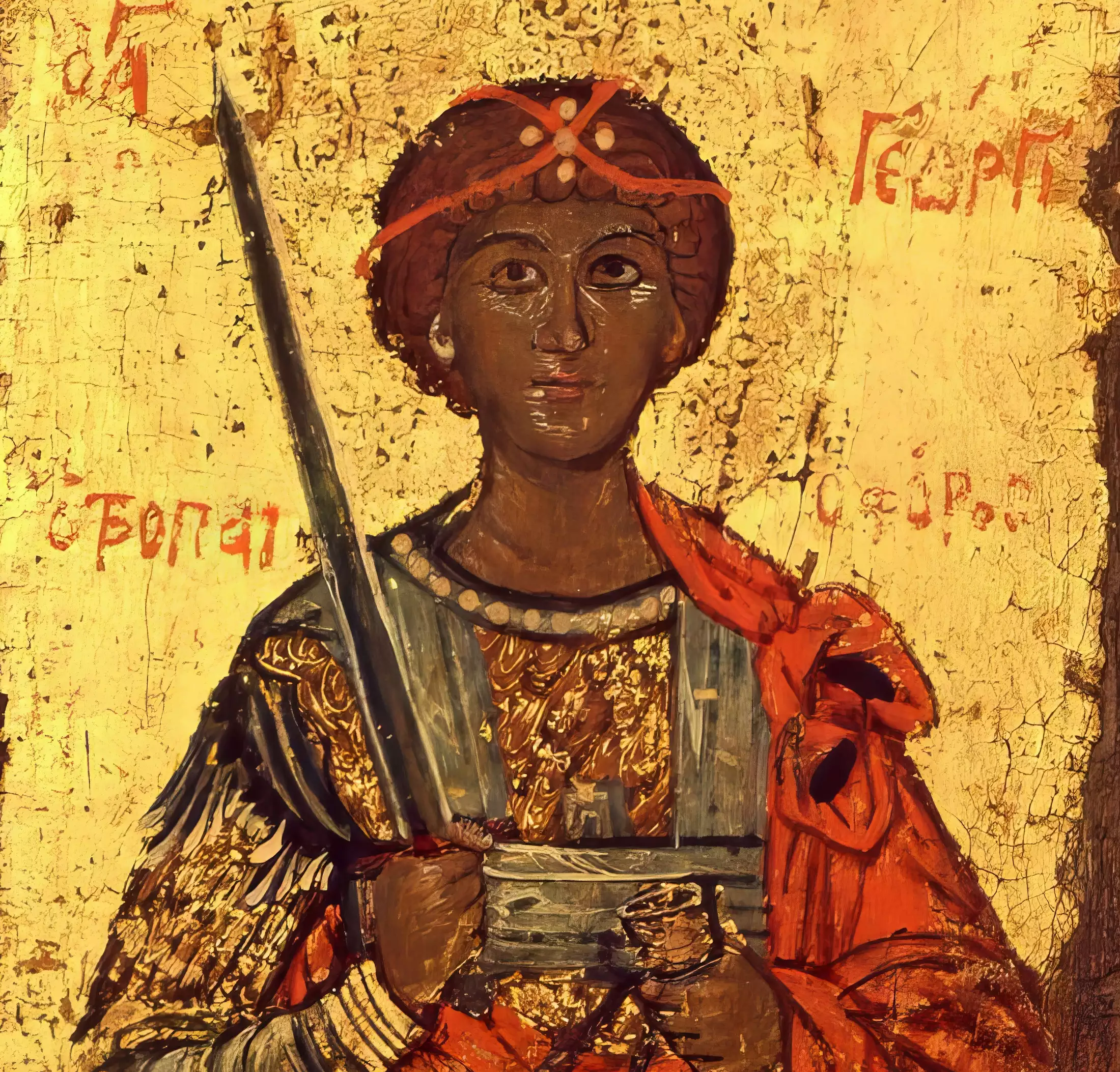 Detail of Saint George with sword, crown and red cloak, Byzantine tempera and gold leaf icon, Mount Athos