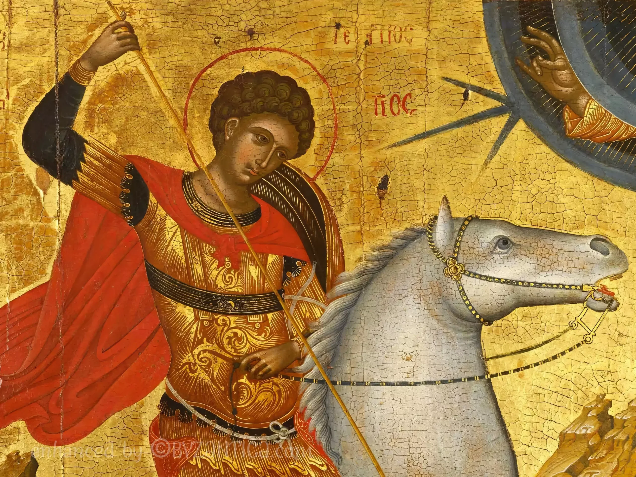 Detail from Saint George by Andreas Ritzos showing the saint and his white horse against gold background