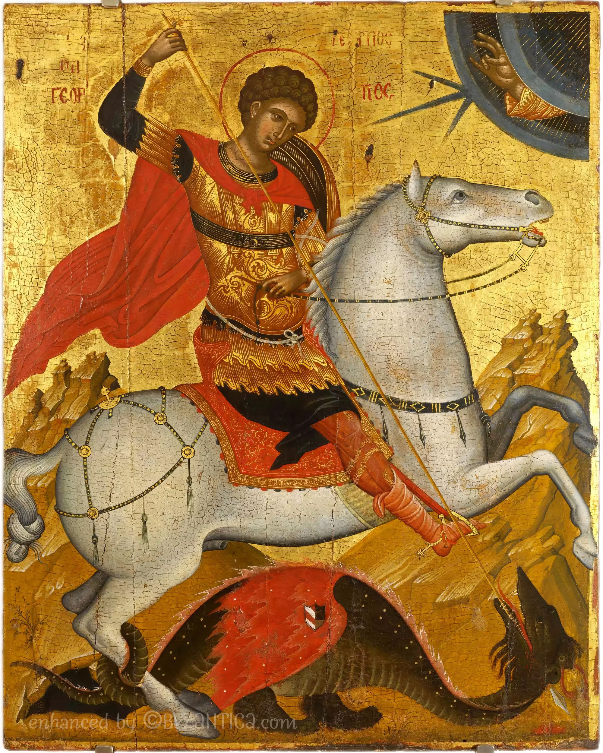 Saint George by Andreas Ritzos full view Ultra High Resolution showing the warrior saint slaying the dragon