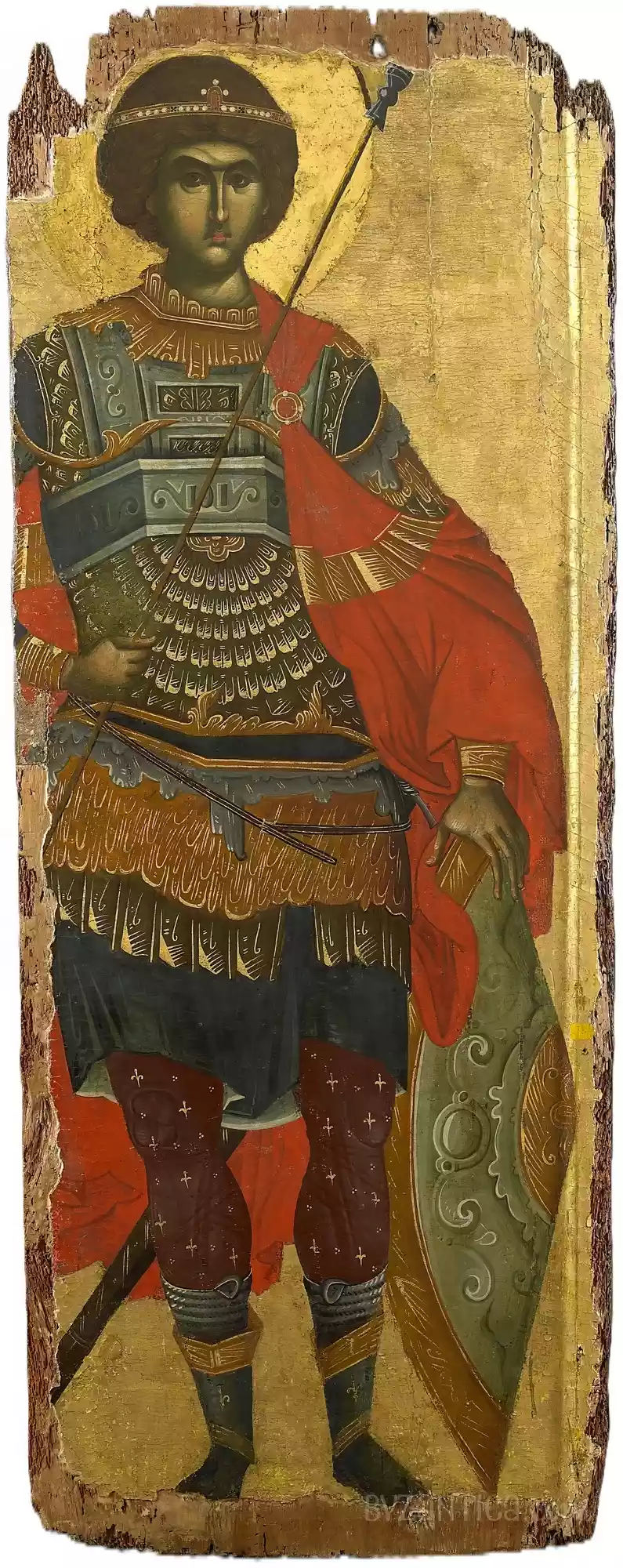 Saint George in Vatopedi full view Ultra High Resolution Byzantine icon showing the military saint in golden background