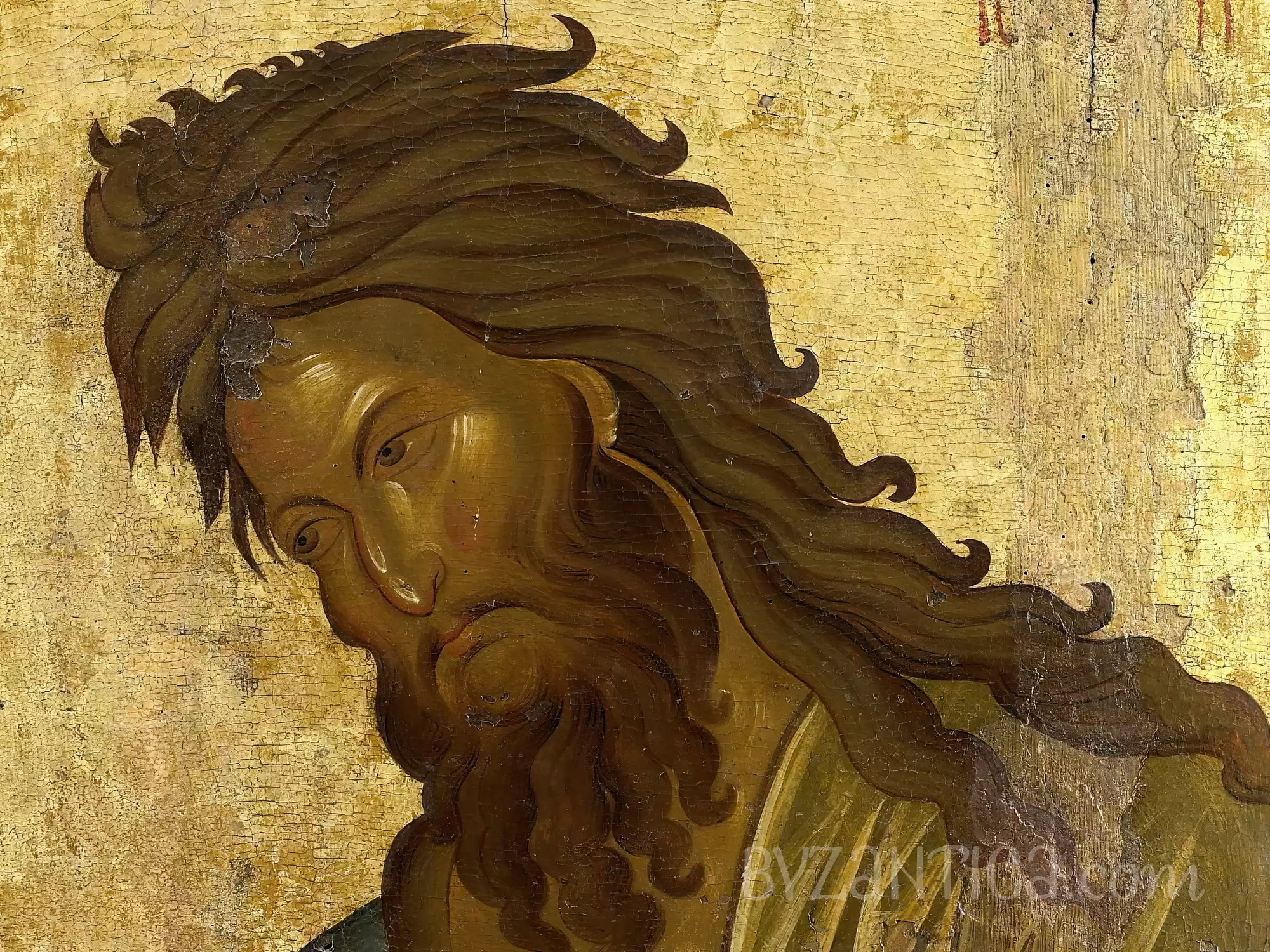 Close-up detail of Saint John Baptist in Vatopedi showing facial features in Byzantine icon